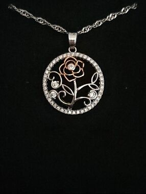Sterling Silver Two-Tone Rose Pendant Necklace with Crystal Halo